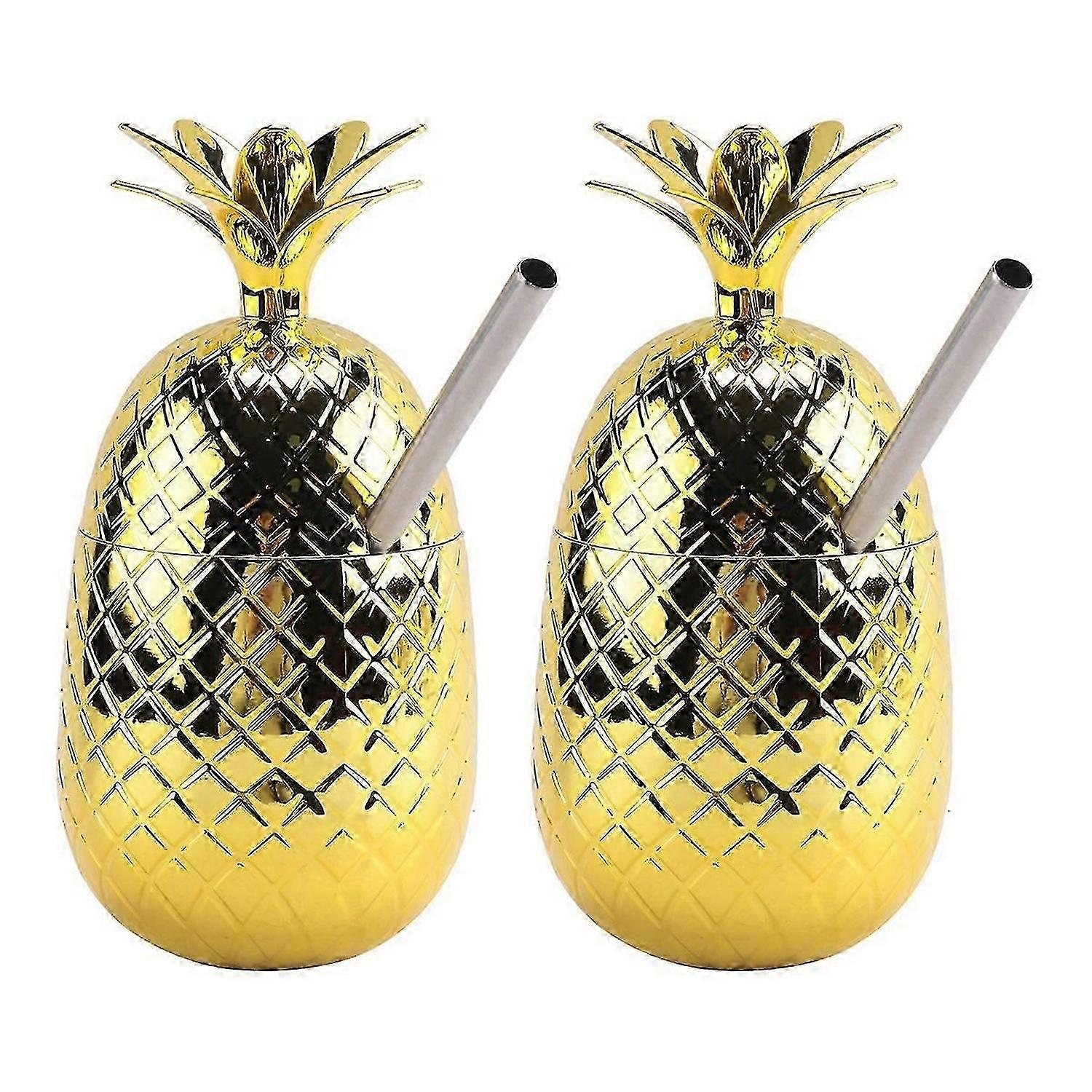 2Pc Pineapples Drink Cups, 450Ml Gold Pineapples Tumbler with Straw