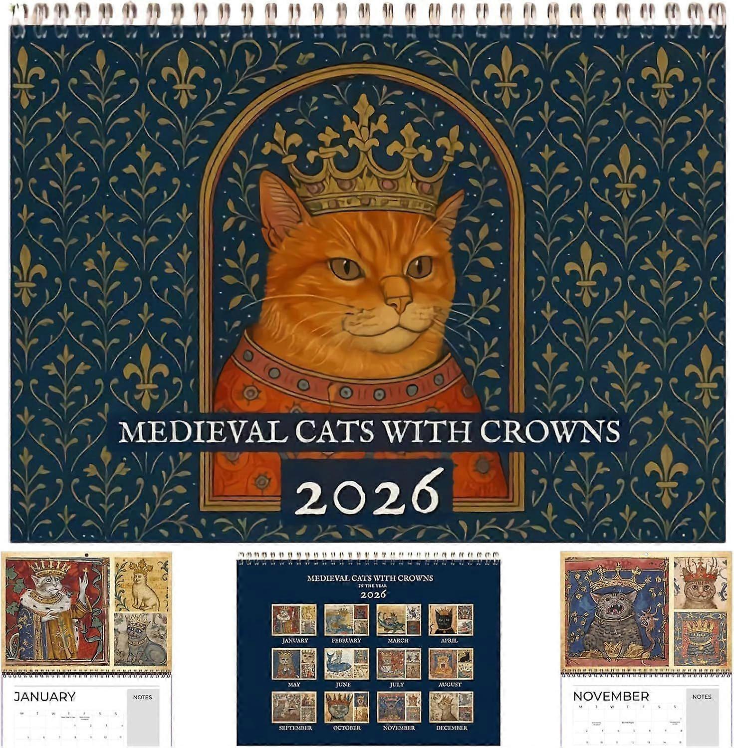 Medieval Cats With Crowns Calendar 2026, Medieval Cats Calendar 2026, Each Month Showcases A Noble Cat Wearing A Crown, Enjoy A Full Year of Medieval 
