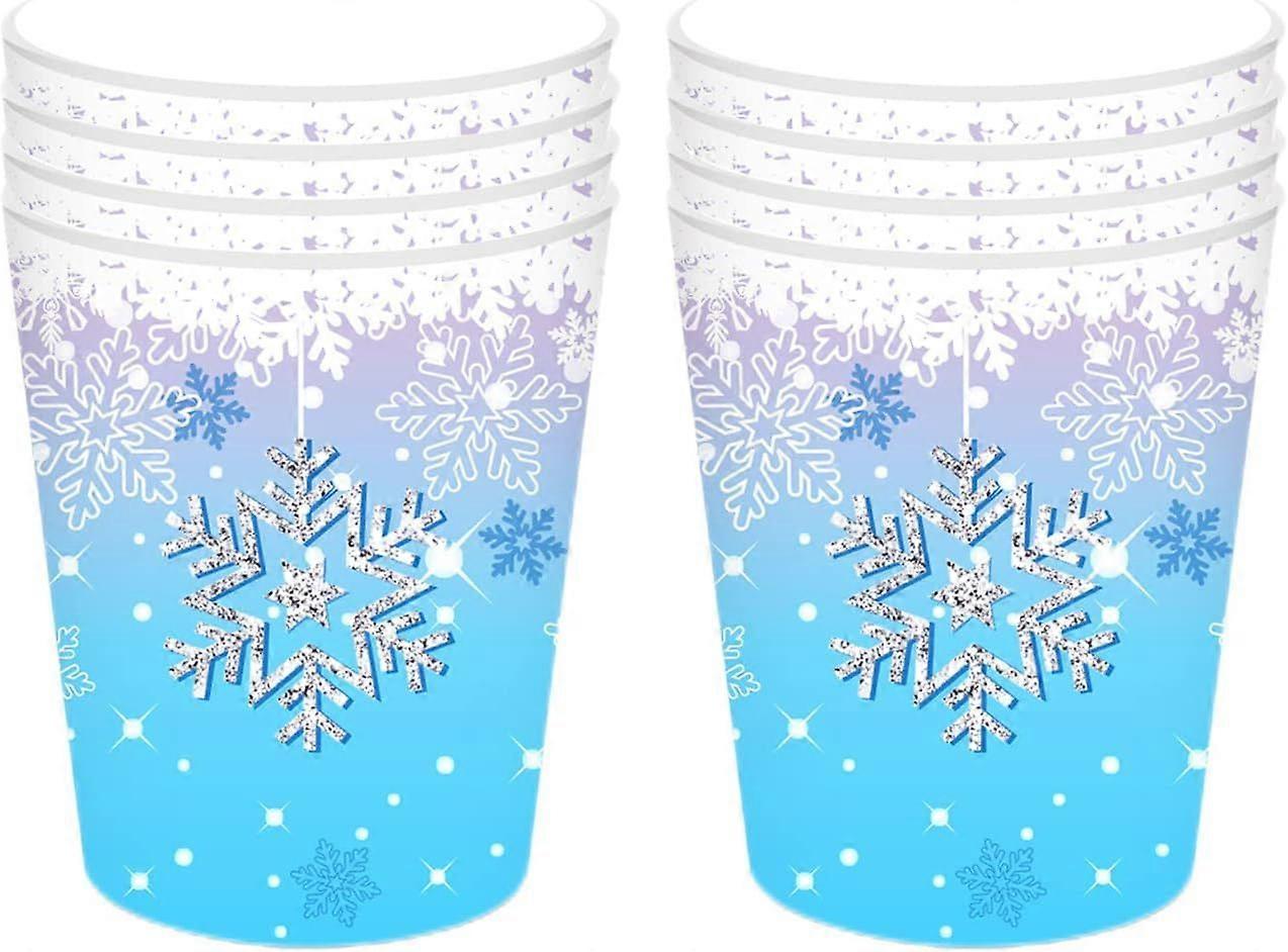 Christmas party paper cups with blue and white snowflakes, 8-pack. Frozen-themed disposable winter Christmas cups. Christmas tableware.
