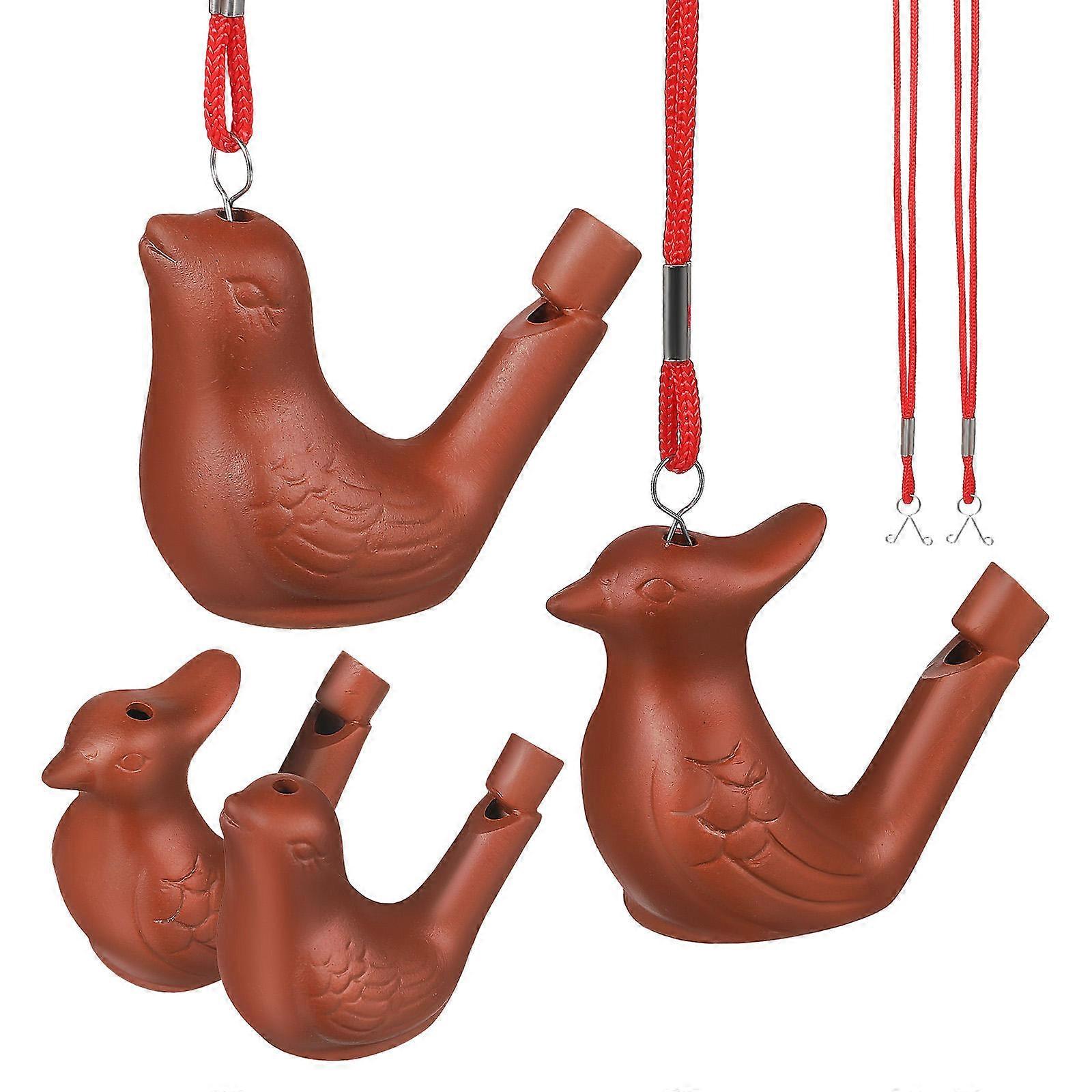 Pottery Bird Water Whistles for Playing 4Pcs with Lanyards Included