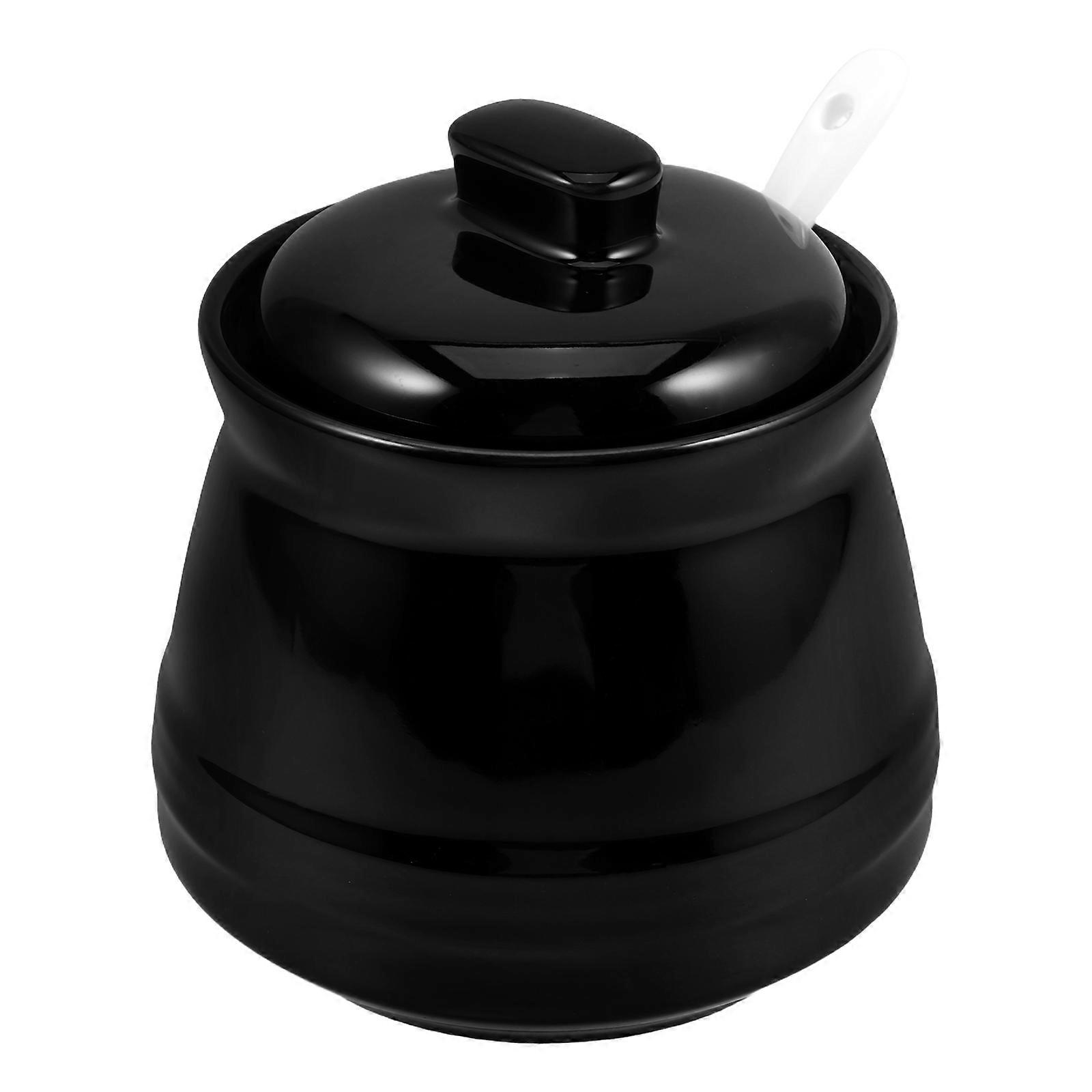 Ceramic Sugar Jar with Spoon for Kitchen Storage 1 Piece Black Container