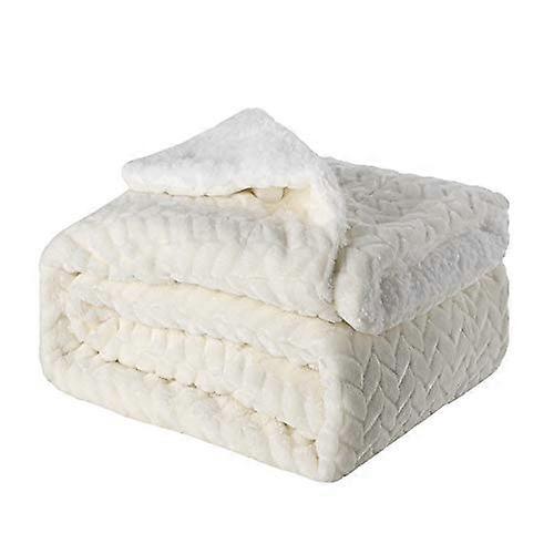 Blanket with DualSided Warm Velvet and Lamb Fleece for Sofa and Bed – Off White