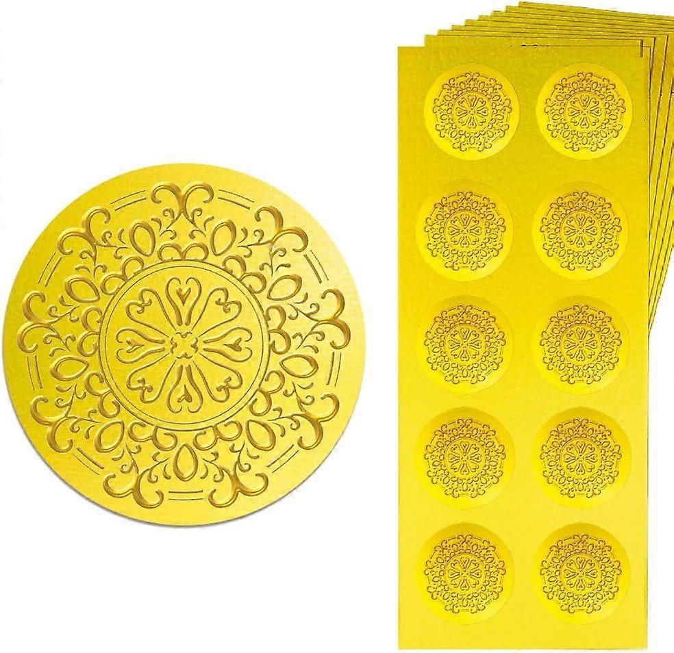 Gold Embossed Sticker Seal Circular Pattern 1.4 Inch 150Pcs Self Adhesive Golden Around Embossing Decals for Invitation Envelope Seal Gift Card Certif