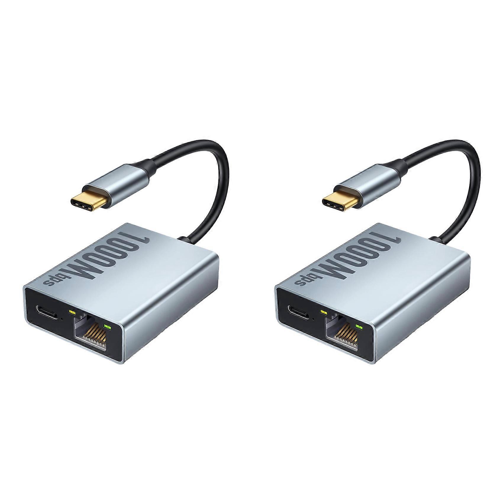 2X USB-C Ethernet Adapter 2-in-1 1000Mbps RJ45 Network Converter for Chromecast with Google TV Plug and Play Grey