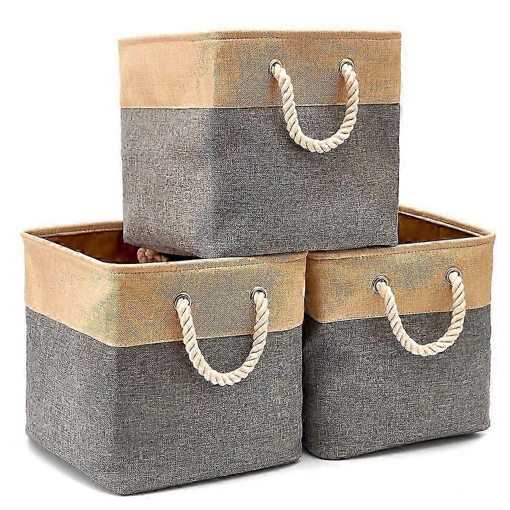Set Of 3 Foldable Cloth Canvas Storage Boxes, Storage With Handles 33 X 33 X 33 Cm, Gray And Beige