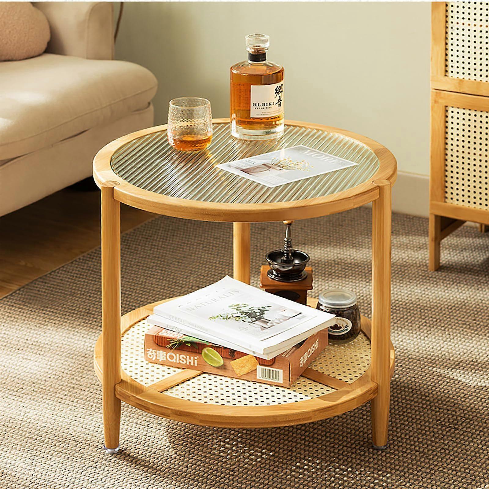 Round Bamboo Rattan Coffee Table with Glass, Two Tier Side Table for Small Space Living Room 21.3 Inch