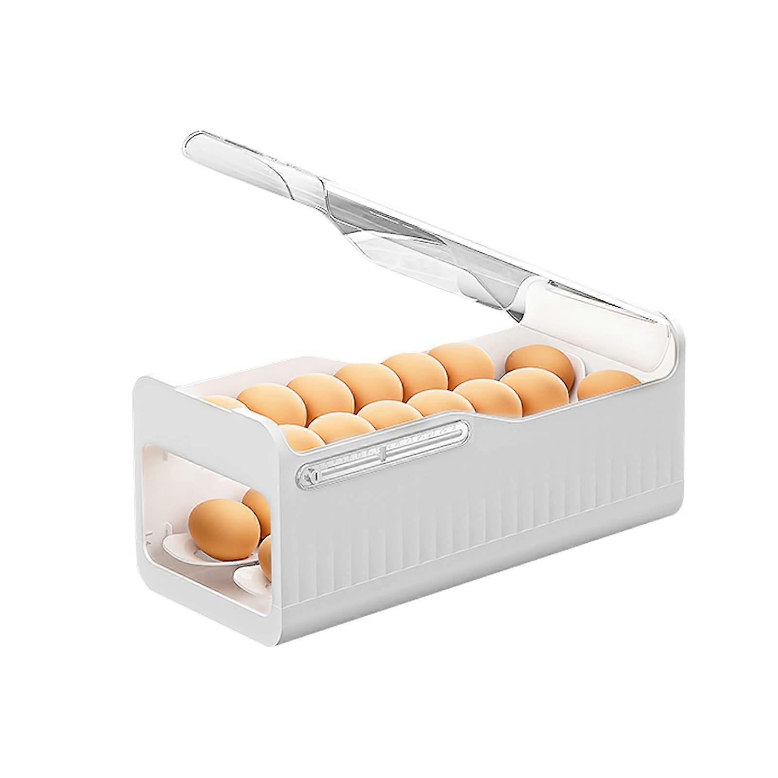Egg Holder for Refrigerator with Automatic Rolling Design, Stackable 2 Tier Plastic Dispenser and Freshness Tracking Lid