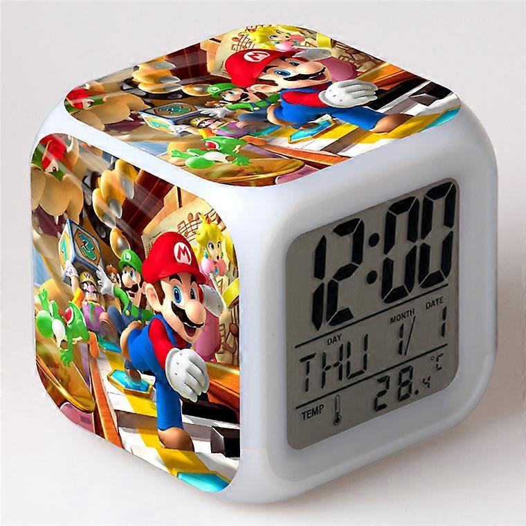 Super Mario Seven-Color Alarm Clock, Super Mario Color-Changing Square Bedside Clock Gift