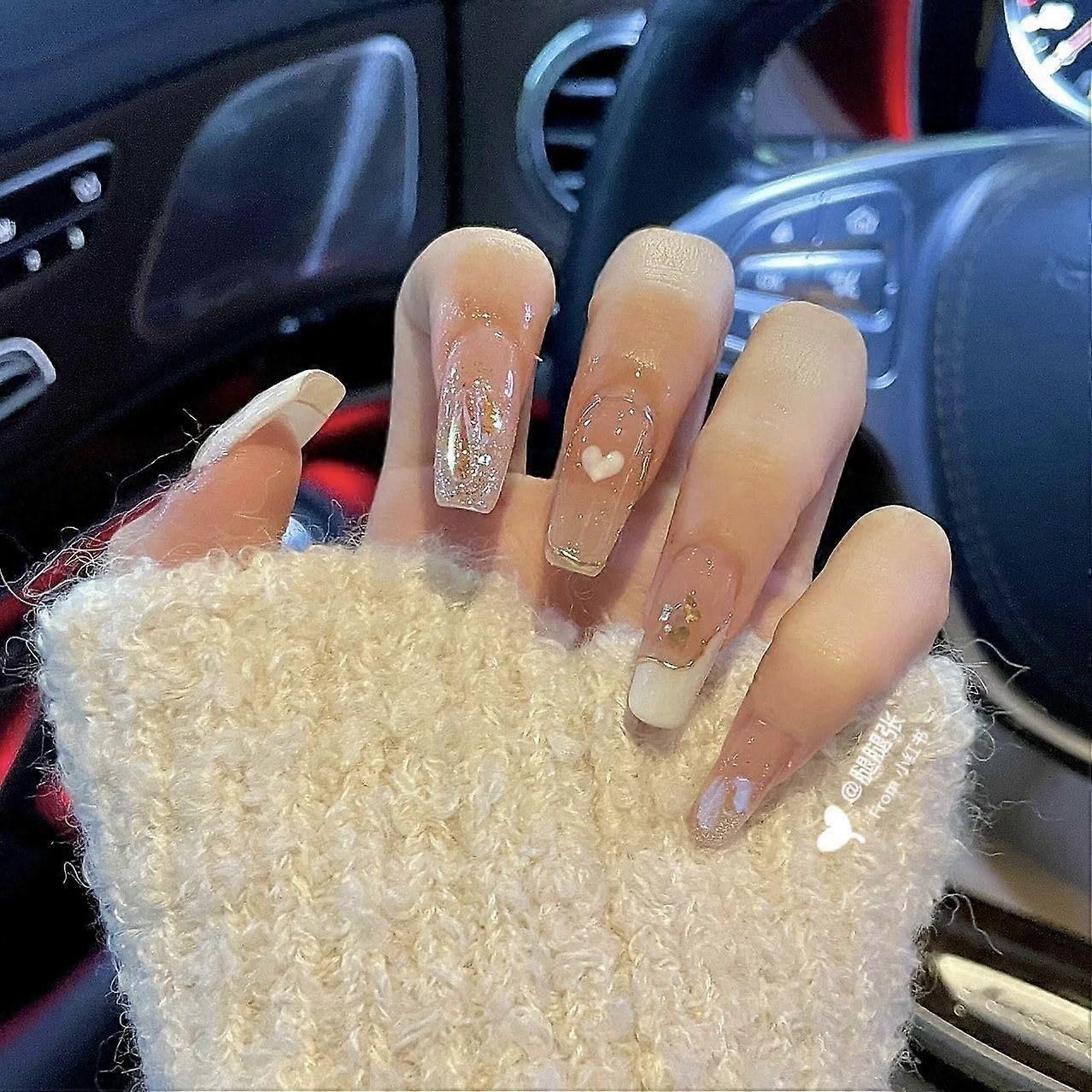 French Press On Nails Long Ladder Shape Handmade False Nails 10pcs XS Size