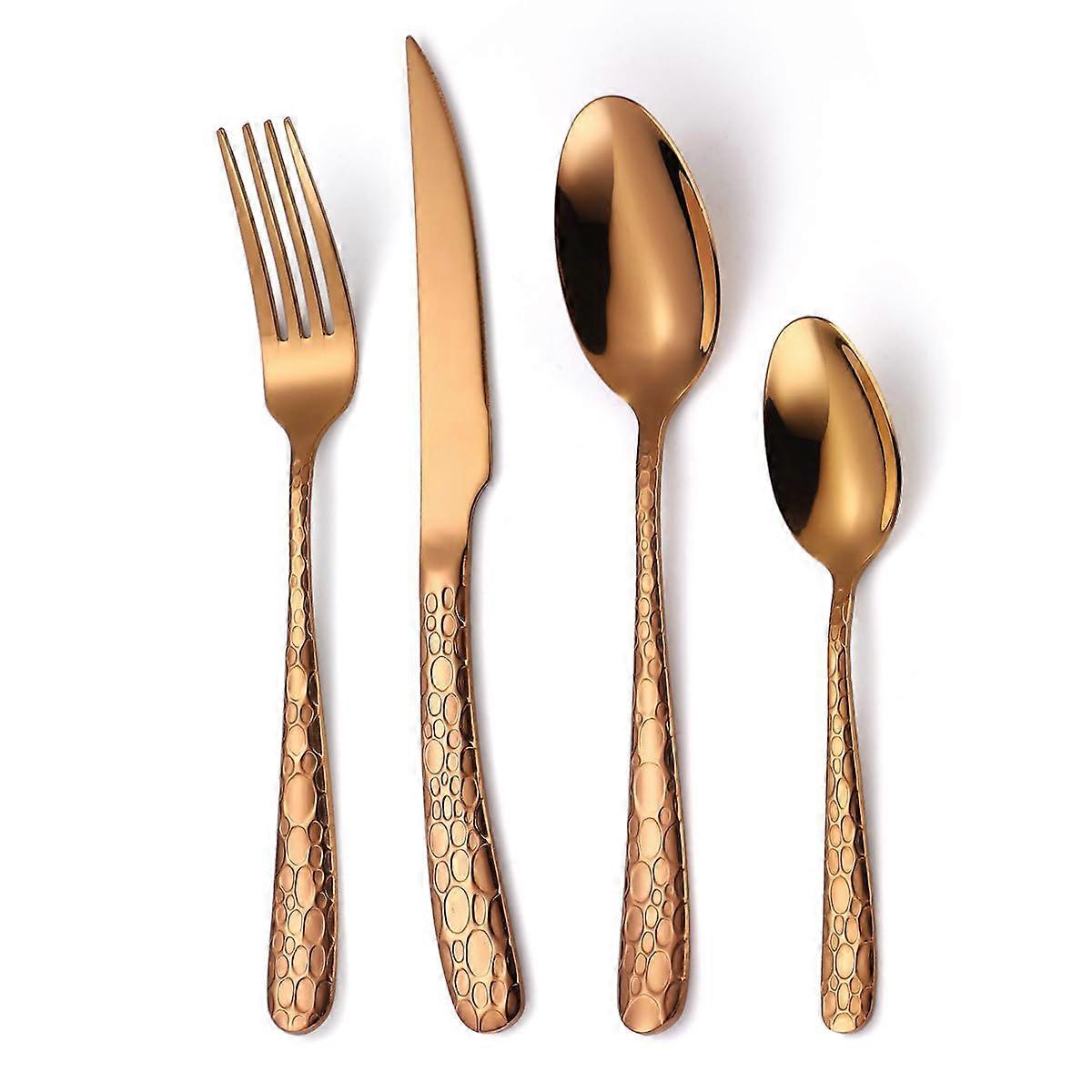 Rose Gold Flatware Set 60pcs for 14, Hammered Handle Stainless Steel Silverware, Dishwasher Safe