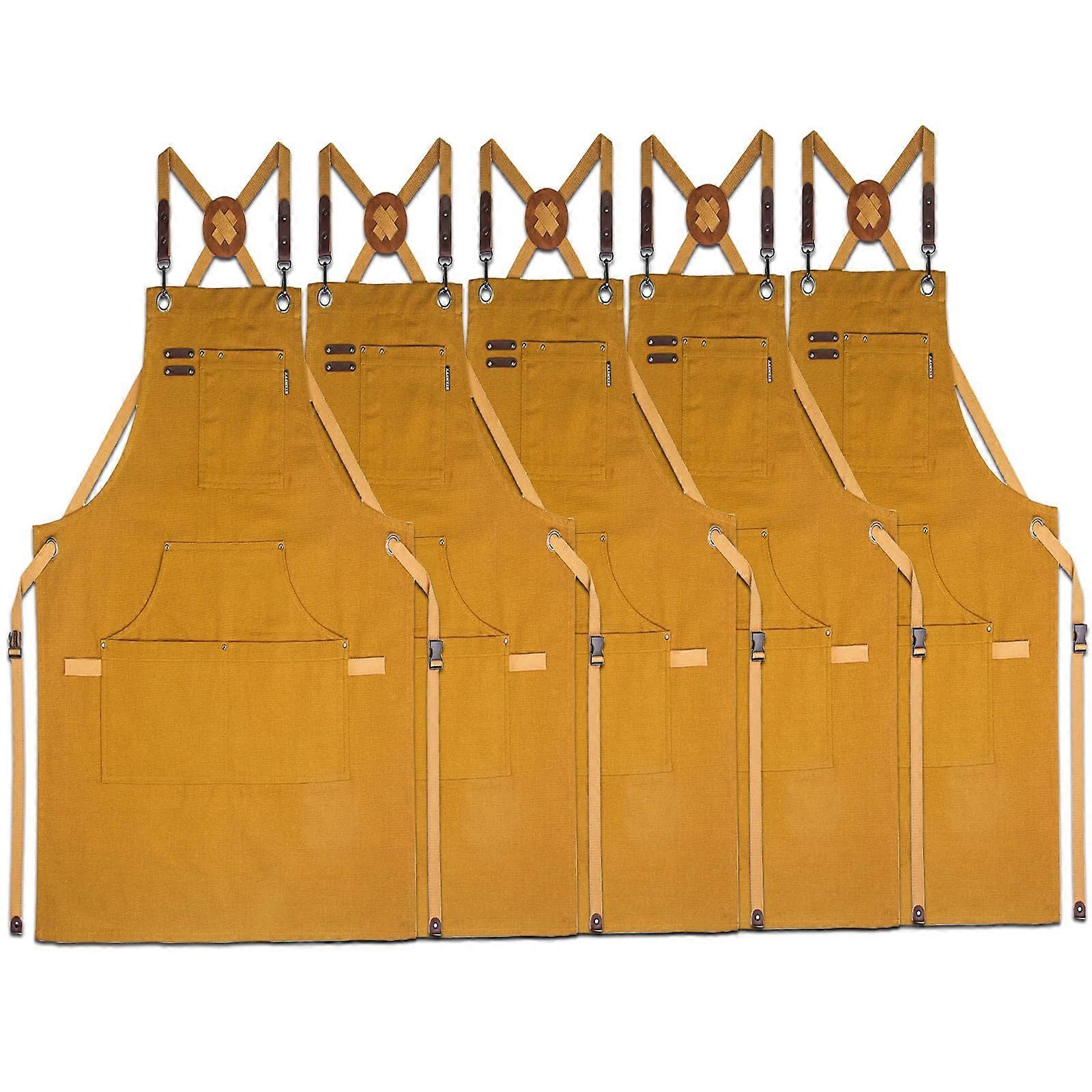 Canvas Work Apron with Multiple Pockets, Adjustable Strap, HeavyDuty Khaki Cotton, 5 Pack