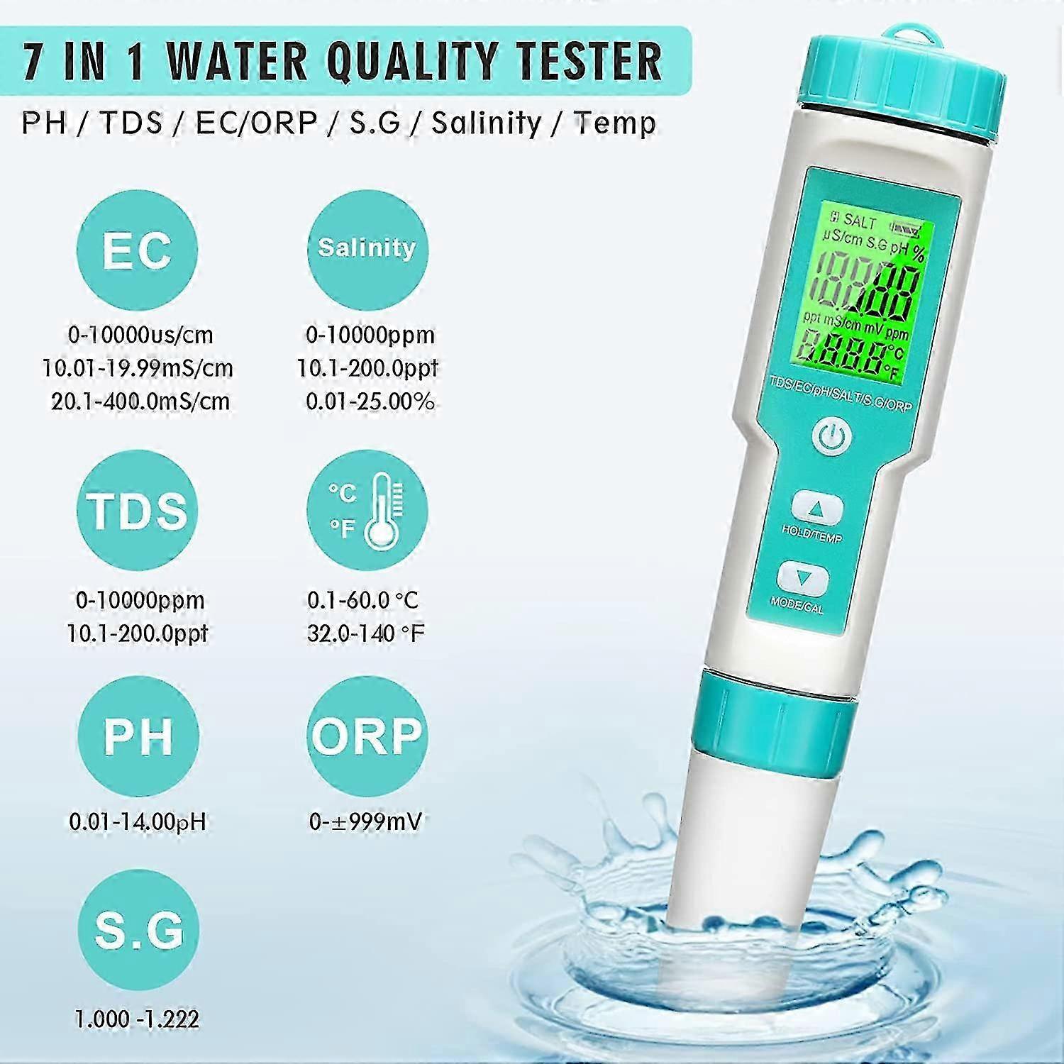 Digital PH Meter,7 in 1 PH/TDS/EC/ORP/S.G/Salinity/Temp Meter with ATC