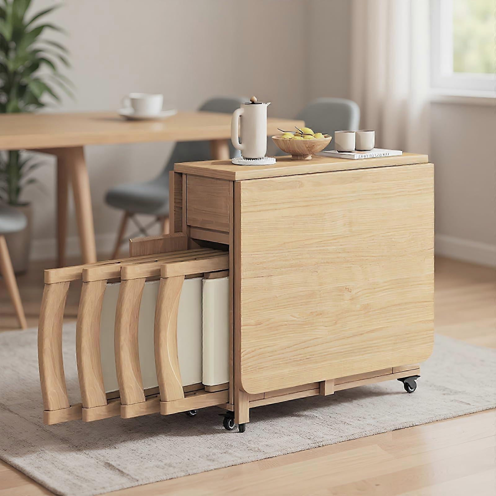 Bamboo Folding Dining Table Set for 4, Space Saving Drop Leaf with Chairs, No Assembly Required