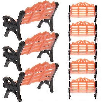 Conjunto de 10 miniaturas de bancos decorativos em plástico para casa de bonecas.