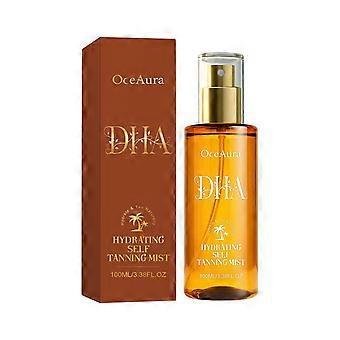 Spray autobronzeador hidratante com DHA, 100ml, leve e sem sol, com vitaminas C e E, proporciona um brilho natural gradual ao rosto e ao corpo, com aplicação uniforme.