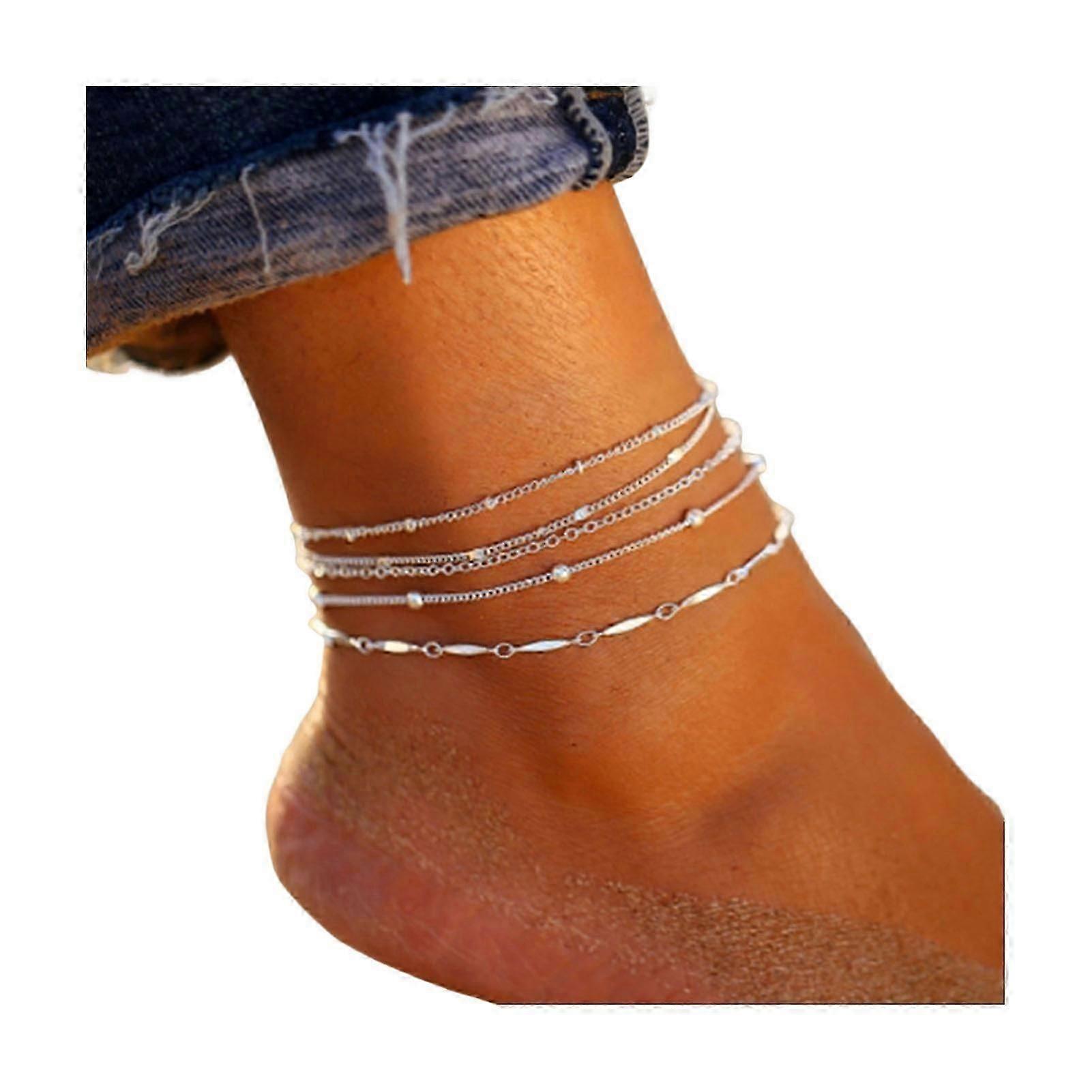 5 Pcs/Set Women Anklets Stackable Layered Hollow Chain Adjustable Length Simple
