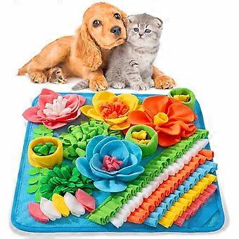 Snuffle Mat for Dogs and Cats, Blue Felt Slow Feeder Puzzle Toy with Colorful Flowers, Relaxing Training Blanket for Small Breeds