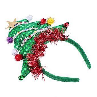 Tiara de Natal em formato de árvore, feita de tecido verde com luzes, perfeita para festas natalinas.