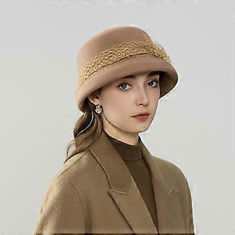 Women's Pure Wool French Retro Fisherman Hat, Heavy Weight Warm Bucket Hat with Mesh Bow, Small Brim