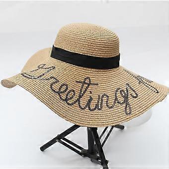 Sombrero de paja de sol de ala ancha para mujer Sombrero de protección solar de verano con bordado de moda para viajes de vacaciones en la playa (caqui)