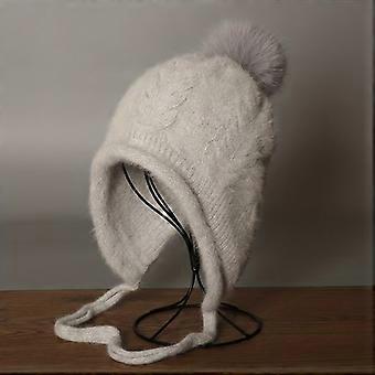 Women's Angora Blend Knitted Earflap Hat, Cable Knit Jacquard Winter Beanie with Big Pom Pom and Drawstring Ear Protection