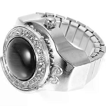 Orologio da dito a forma di anello, con dettagli in quarzo argentato, realizzato in metallo e vetro.