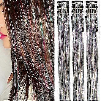 18 Pcs Clip In Hair Tinsel, 20.5 Inch Shiny Sparkling Rainbow Hair Extensions, Heat Resistant Fairy Hair Accessories for Party Cosplay Daily Wear