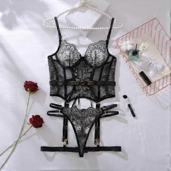 Women's Sexy Lace Lingerie Set Embroidered Mesh Spliced Tie Detail Underwear Hollow Out Push-Up Underwire Lingerie Set