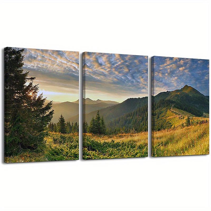 3pcs/set Canvas Print Wall Art Sunset Over The Golden Mountain Forest Landscape Nature Wilderness Photography Realism Rustic Scenic Colorful Green For