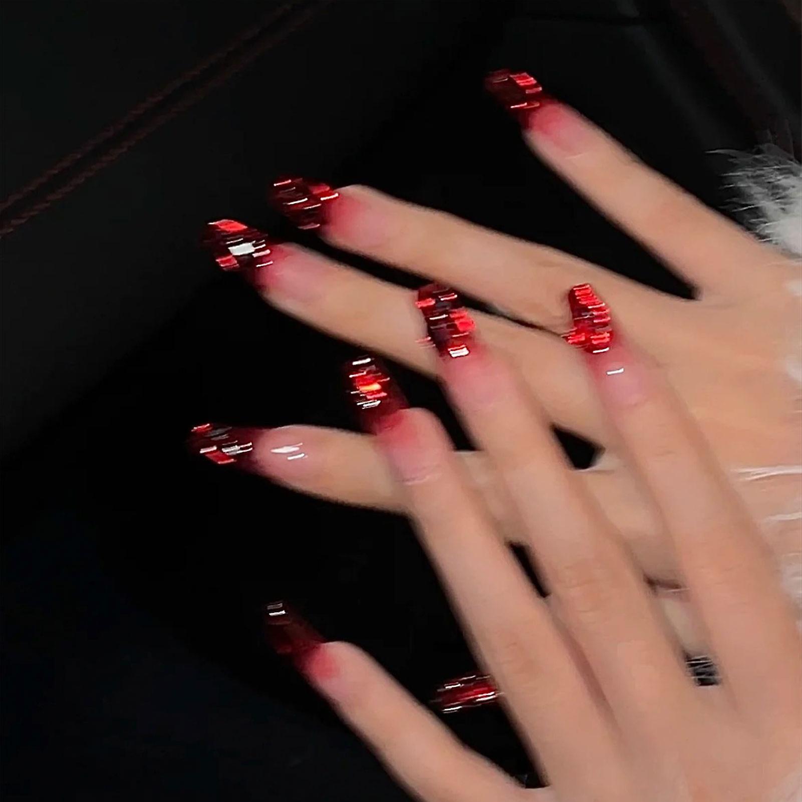 New Year Red Gradient False Nails 3d Square Crystal Rhinestone Nails
