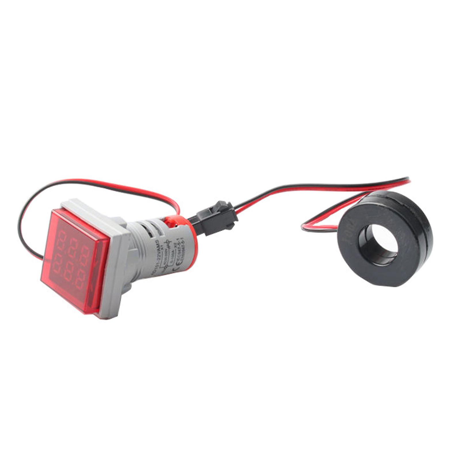 Voltage Ammeter Digital Multimeter Small Square Current Voltmeter LED Light AC50‑500V 0‑100A 22mm Red