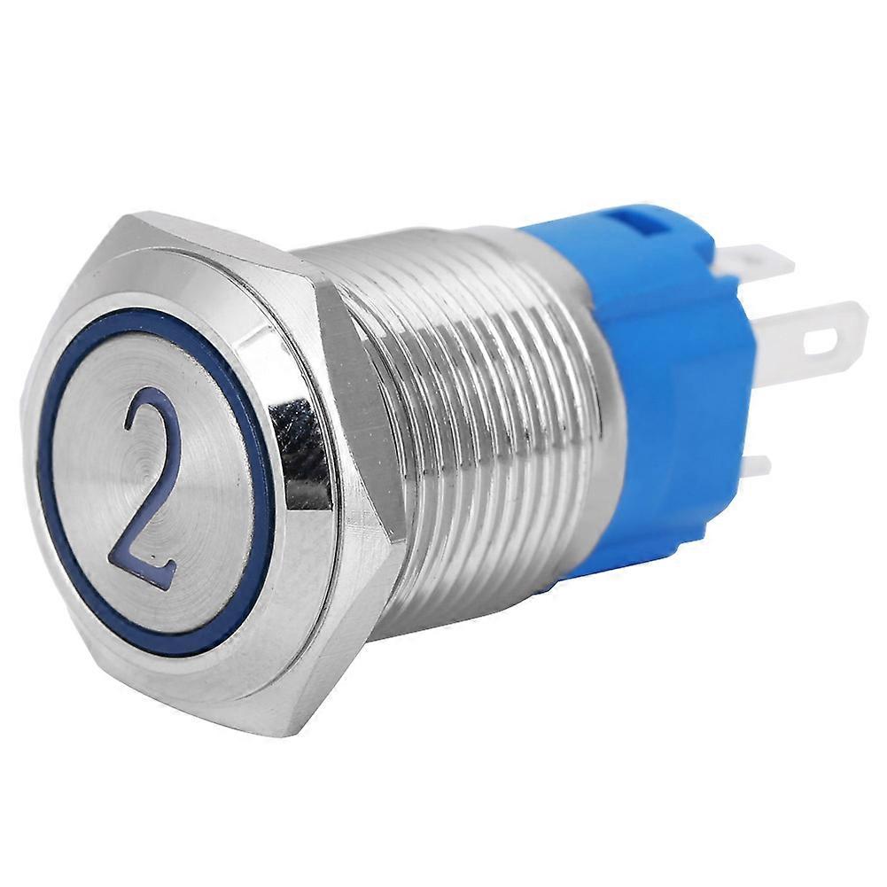 2PCS Flat Self-Reset 5-Pin Metal Push Button Switch with Light and Number 2 Symbol 16mm24VDC Blue