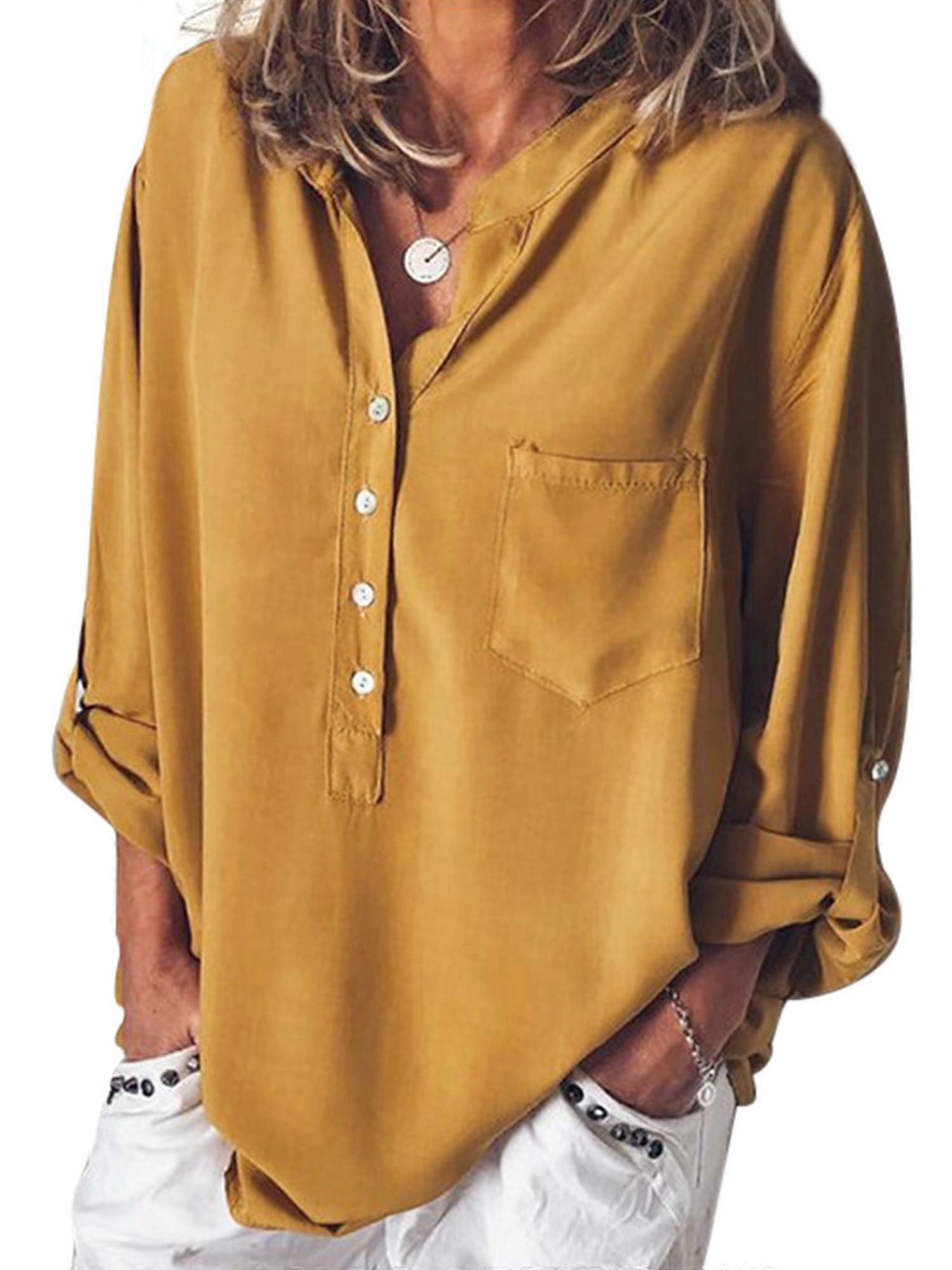 Damen Roll Up Langarm-Tops V-Ausschnitt Pullover Bluse lässig lockere Hemden