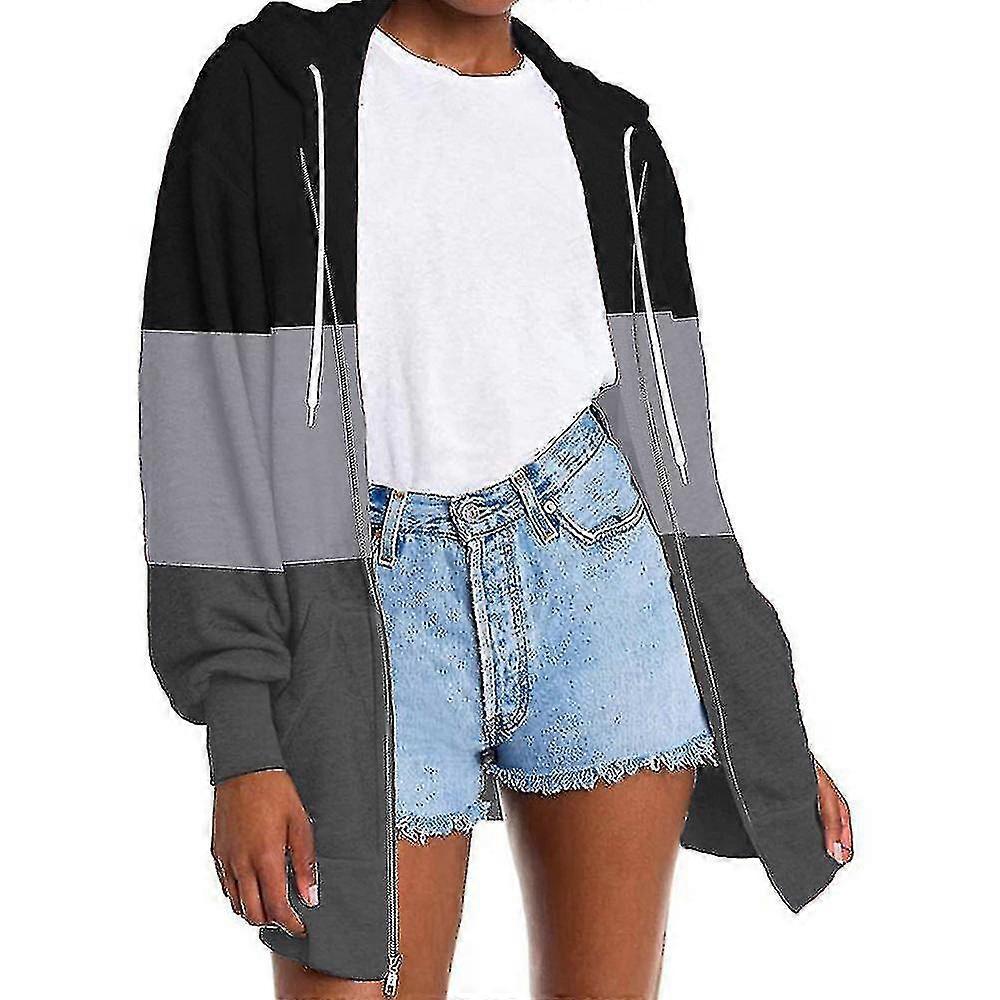 Women Three-color Stitching Hooded Zipper Coat Jacket Casual Outwear