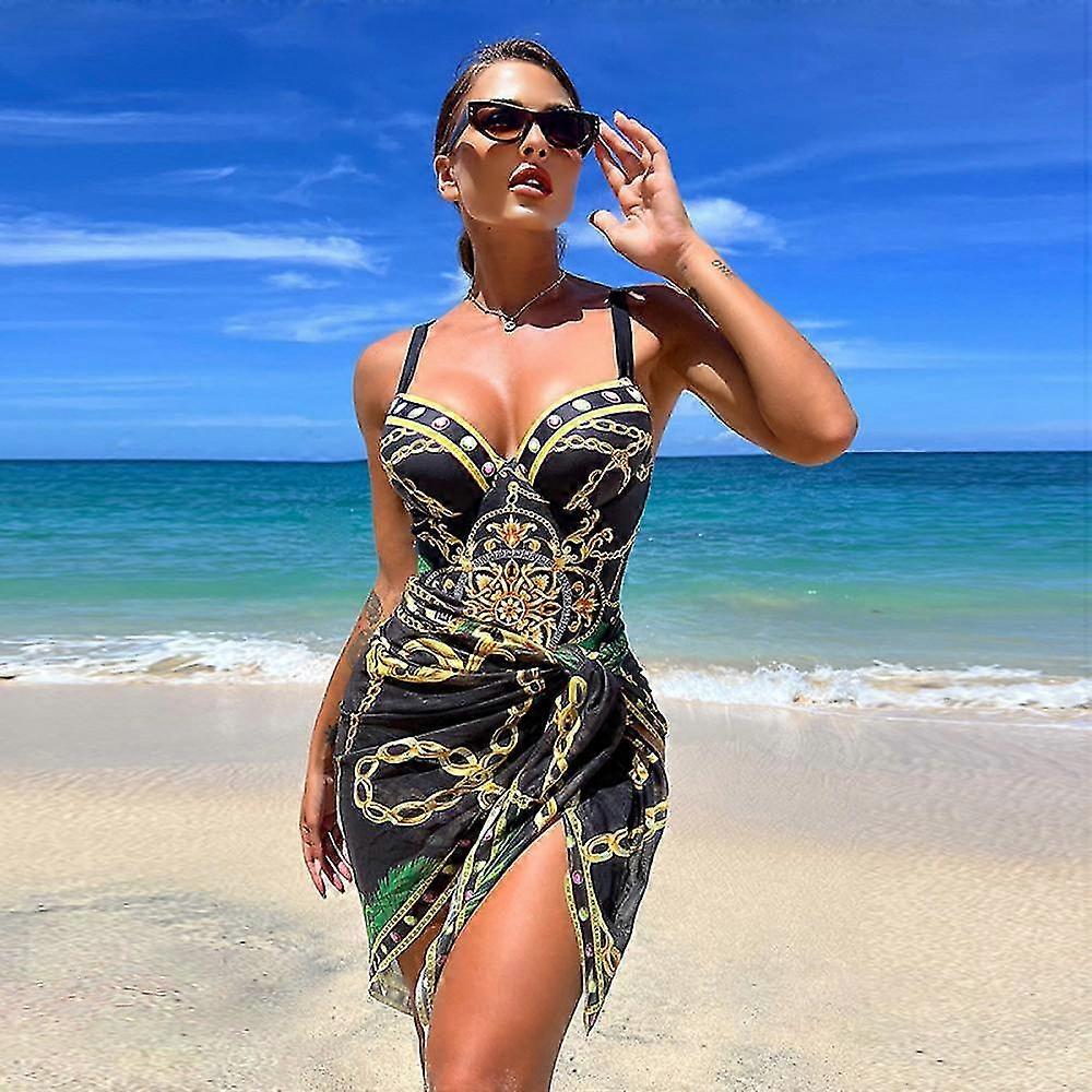 One Piece Swimsuit With Cover Up Set - Bohofeel Chain Print Push Up Bathing Suits With Beach Skirt Sexy Swimwear