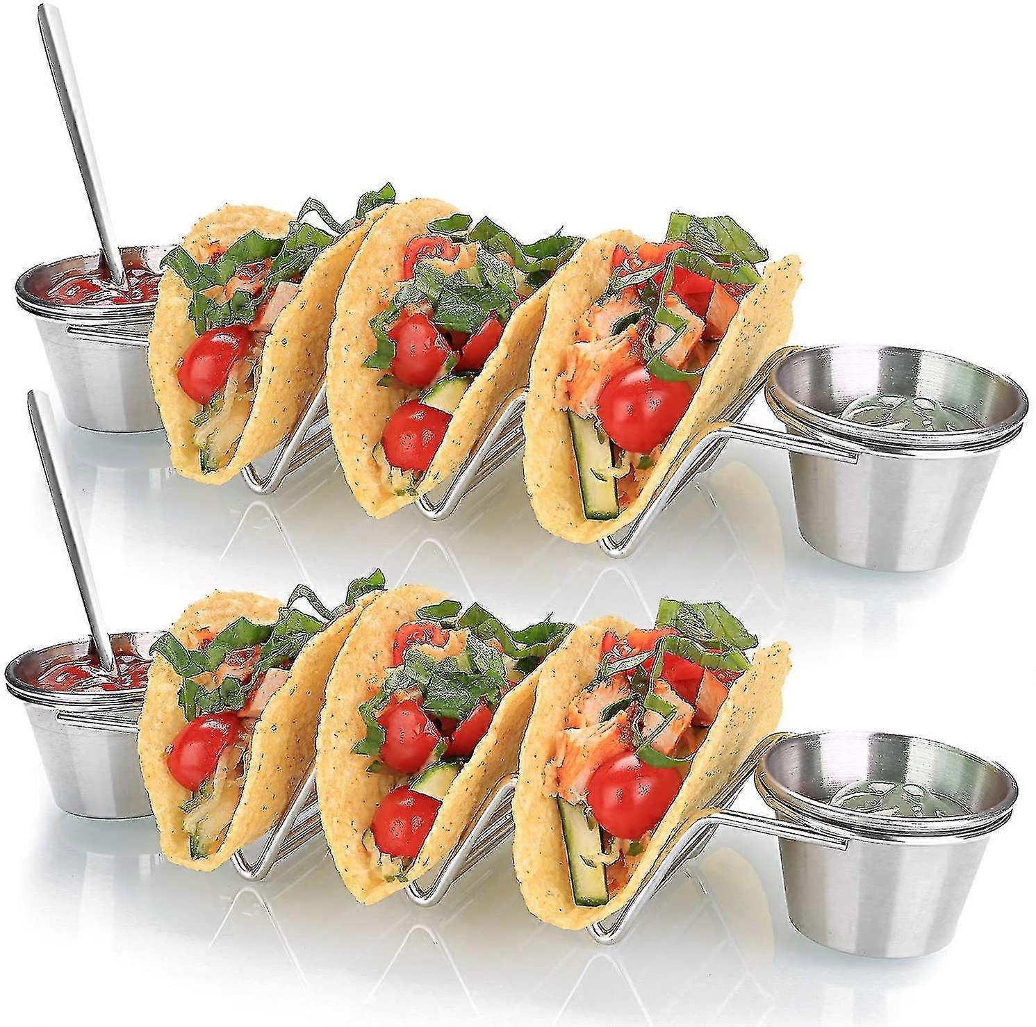 Holder Stand With Salsa Cup - Chrome Finish - Premium 18/8 Stainless Steel - Holds 3 Hard Soft Tacos - Six Styles Available