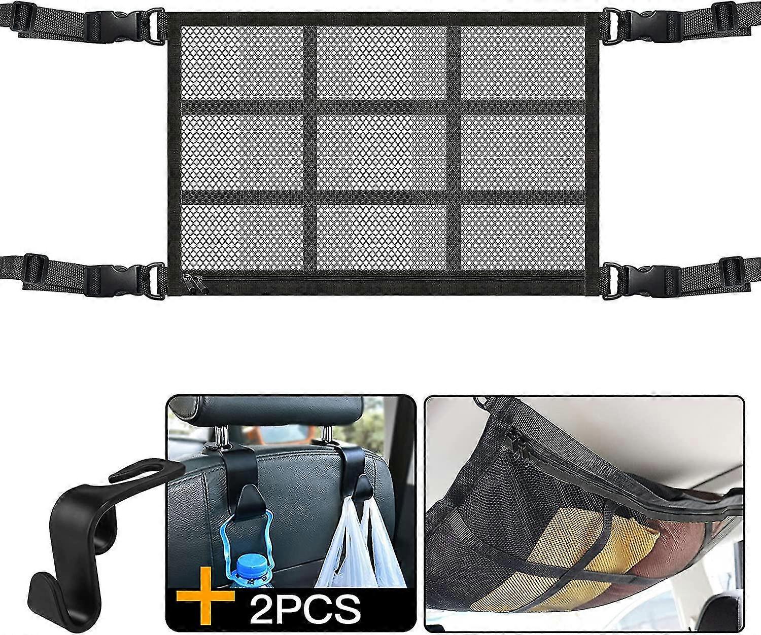 Car Roof Luggage Net, Universal Car Storage Net 9065cm [with 2 Car Seat Hooks], Car Roof Storage Net With Zipper For Suv, Jeep, Van