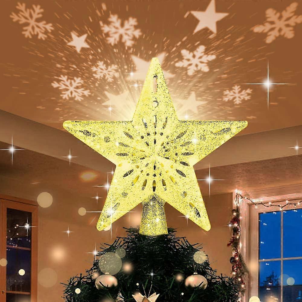 Star Shaped Christmas Tree Light, Star Shaped Christmas Tree with Rotating LED Snowflake Projector, 3D Golden Christmas Star for Indoor and Outdoor Ch