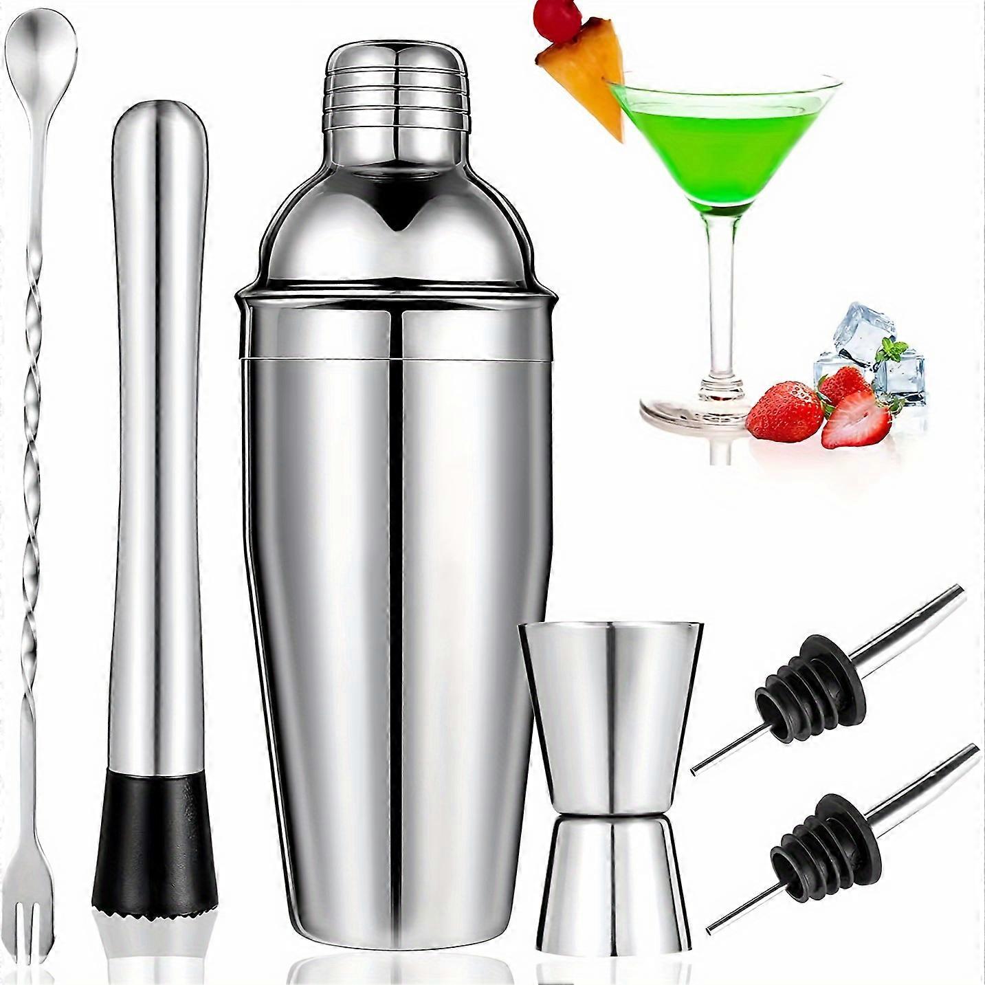 6pcs Stainless Steel Cocktail Shaker Set, Martini Mixer With Measuring Jigger, Mixing Spoon, Muddler, 2 Liquor Pourers, Bar Tools Kit For Home & Profe