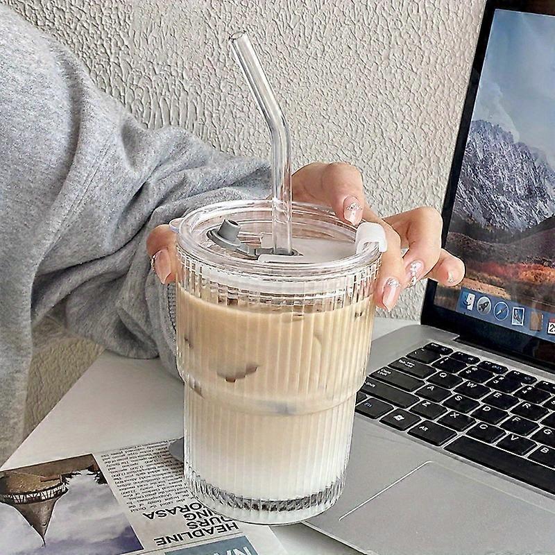1pc/2pcs Textured Origami Glass Tumblers with Lids and Straws Stylish Drinkware for Iced Beverages, Ideal for Travel and Everyday Use