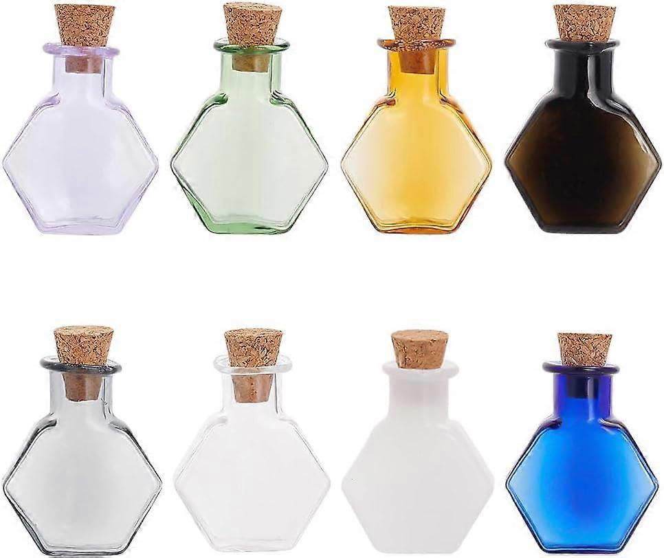 8pcs Mini Colored Glass Bottles Tiny Spell Jars Hexagon Potion Bottles Wishing Bottle Vials with Corks Drifting Bottle Glass Bottles Ornament for Wedd
