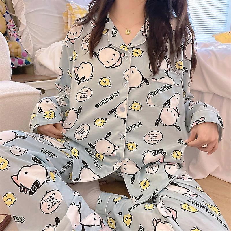 Kawaii Sanrio Kuromi Cinnamoroll My Melody piyama musim semi dan musim gugur anak perempuan longgar bernapas lengan panjang Set rumah