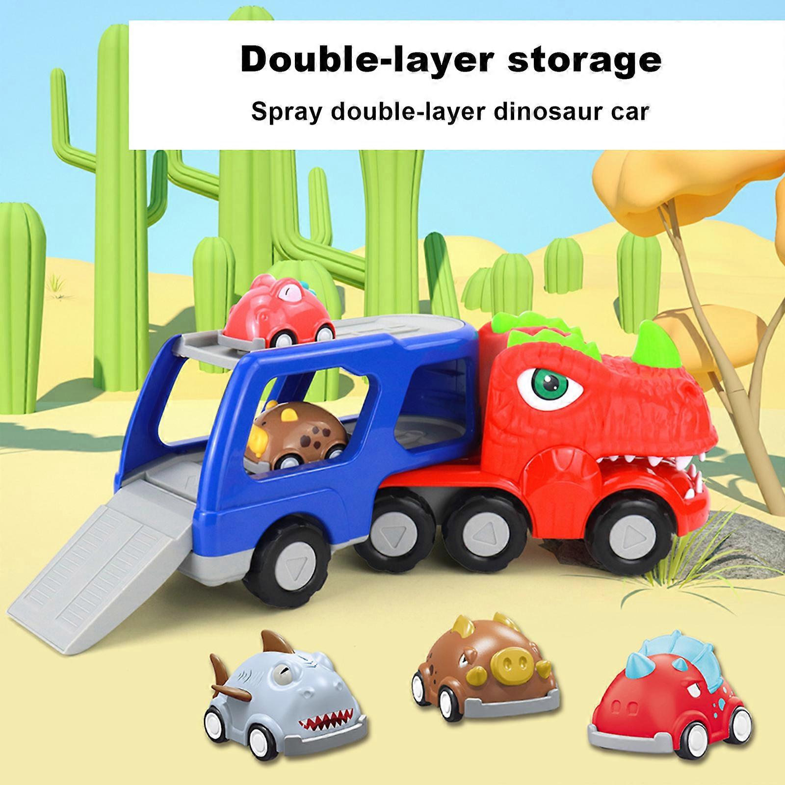 Dinosaur Truck Toy Car For Toddlers – Friction-Powered Carrier With 4 Pull-Back Dino Cars (Great Gift For 2-5 Year Olds)