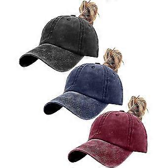 3er Pack Damen Vintage Washed Distressed Baseball-Cap mit Pferdeschwanzloch Sport Golfhut