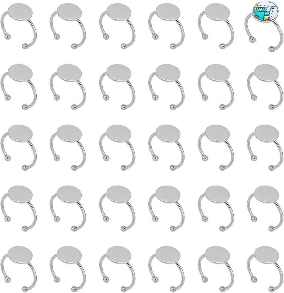 30Pcs Adjustable Blank Rings Base Finger Rings Components Pad Ring Base Ring Tray 12mm Open Cuff Finger Rings Stainless Steel Flat Round Bezel Tray Ri