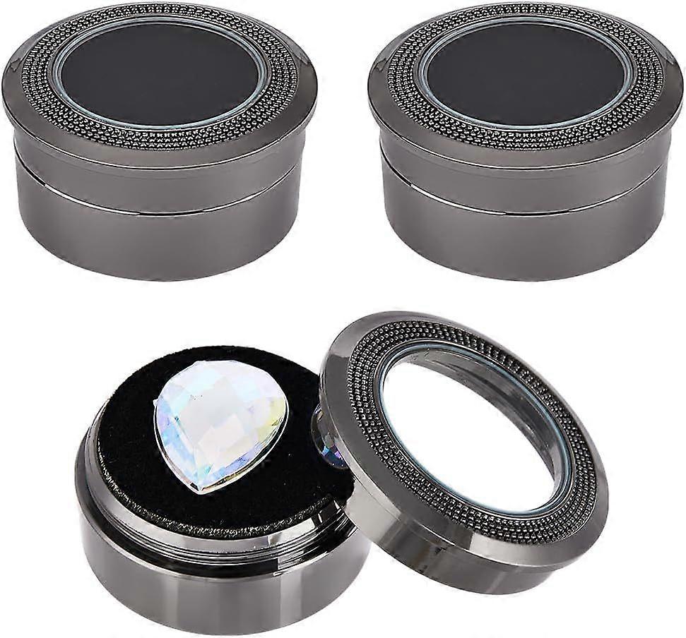 3PCS Black Gemstone Display Box Mini Round Alloy Loose Diamond Show Boxes Clear Top Lids Sponge Filled 1.3x0.6 Inch Small Case Holder Storage Containe