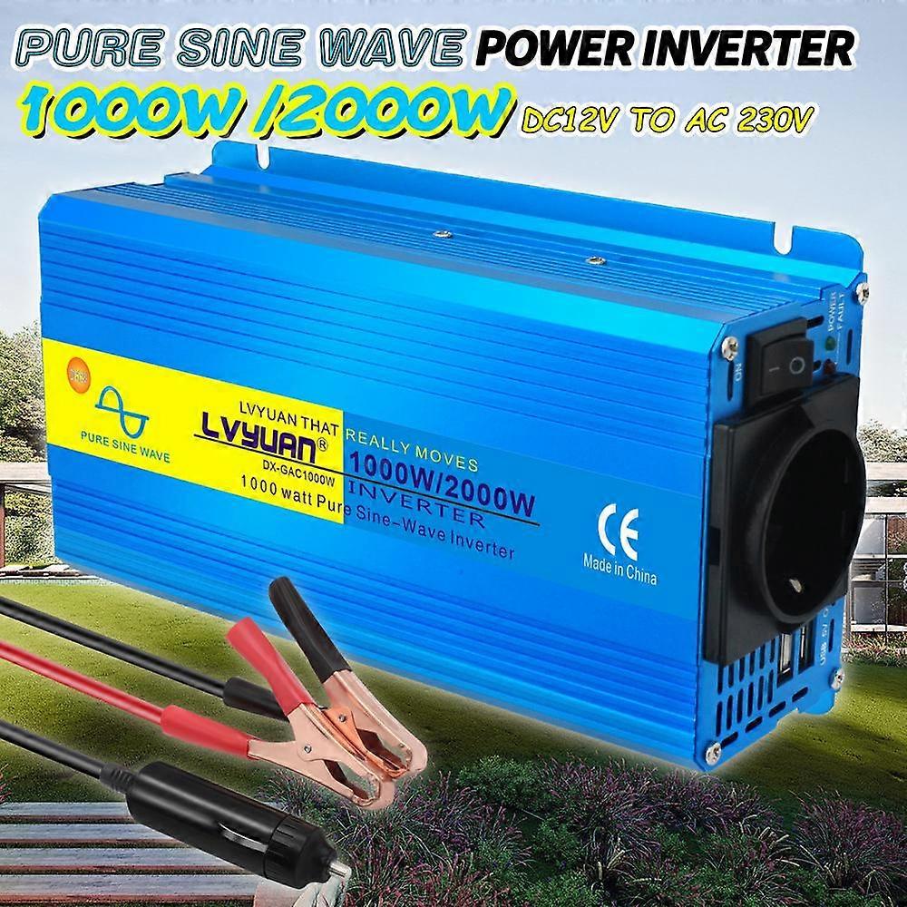 2000W (Peak) DC 12V to AC 230V Voltage 1000W Rated Power Pure Sine Inverter 2 x 5V 2.4A USB Ports For Camping Home Off-Grid Solar Systems