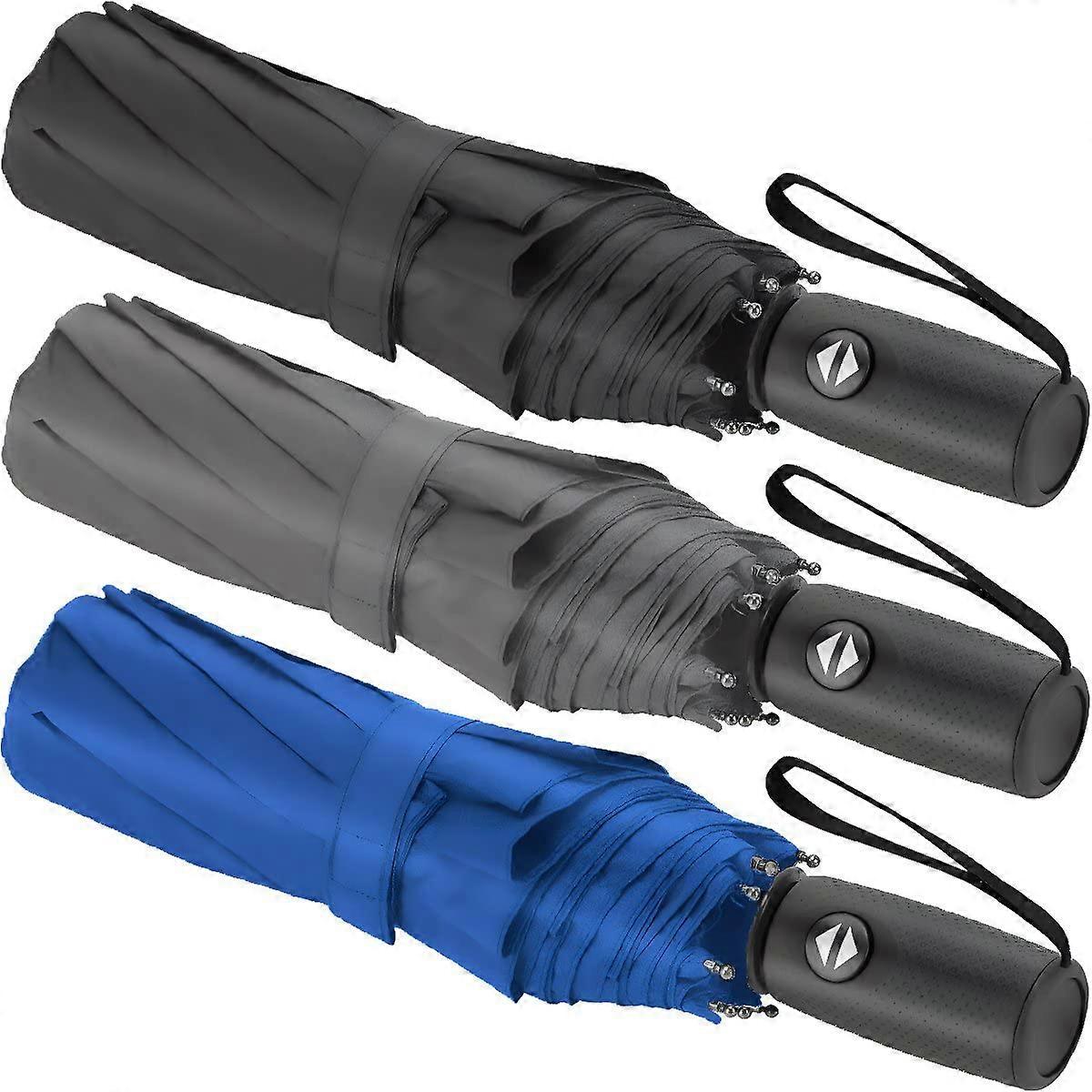 Automatic Windproof Travel Umbrellas 3-Pack - Reinforced Fiberglass Frame & One-Touch Open