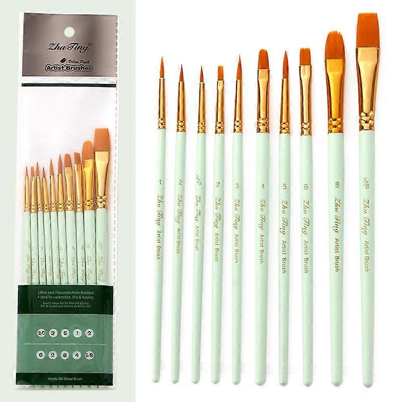 10 db-os festőecset-készlet, fa nyéllel, szintetikus nejlon szőrrel, akril, gouache, olaj, akvarell ecsetekhez