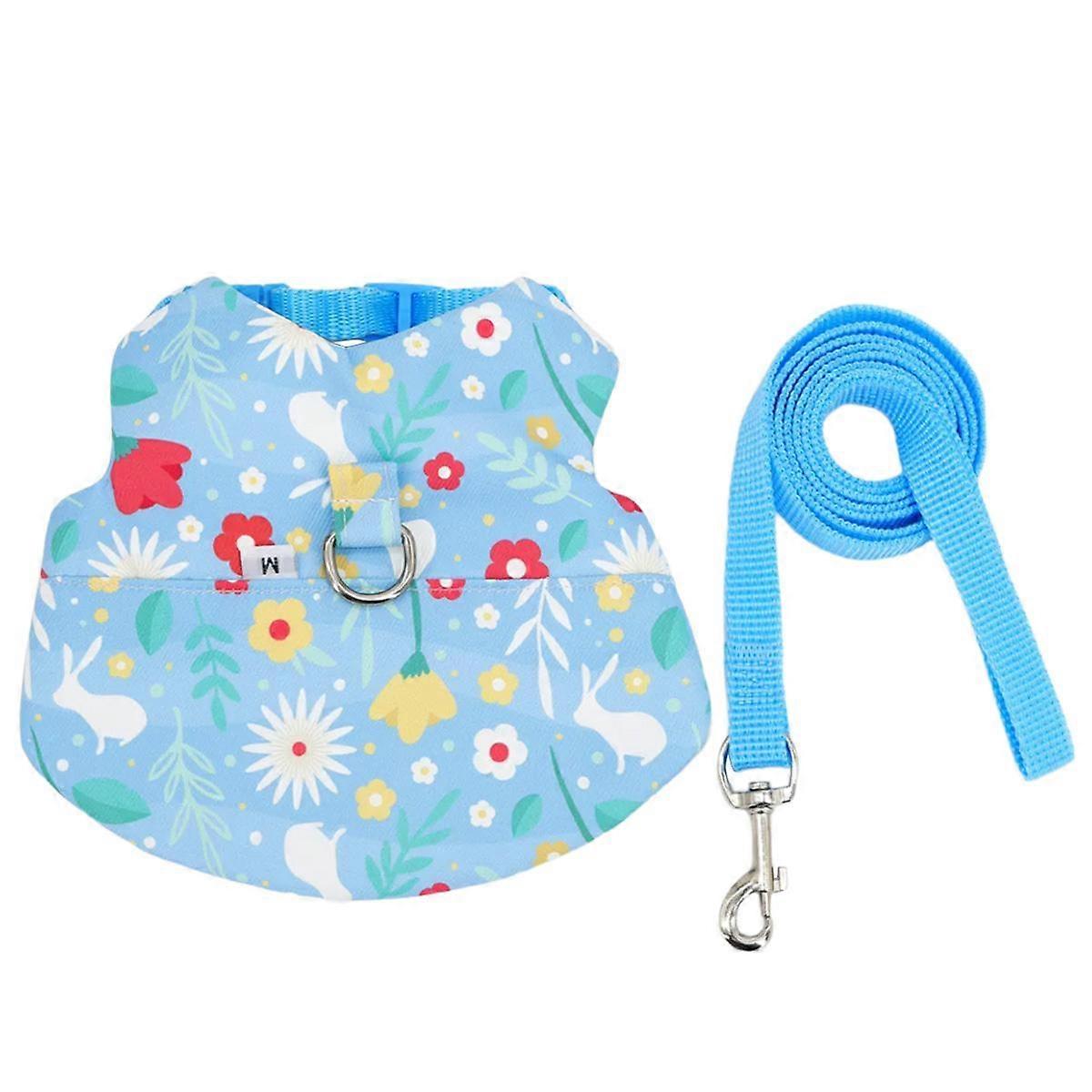 Rabbits Ferrets Harness Leash Set Adjust Size Cloth Breathable Rabbits Traction Rope Harness with Flower Print Decorative